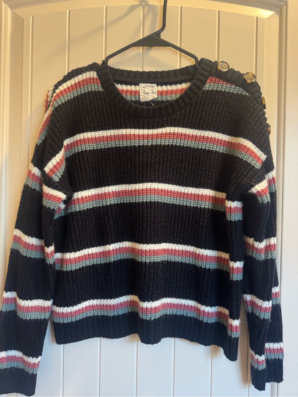 Hippie Rose Black Striped Crewneck Sweater with Shoulder Buttons